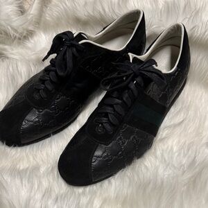 Gucci GG  Black Leather Embossed GG and Suede Men's Sneakers 9.5 Dark Green